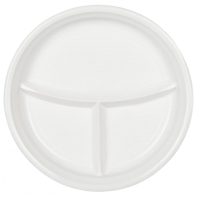Тарелка одноразовая КОМУС 1092161 пластиковая, 3-х секционная, белая, 220 мм, 100 шт. 100026507322
