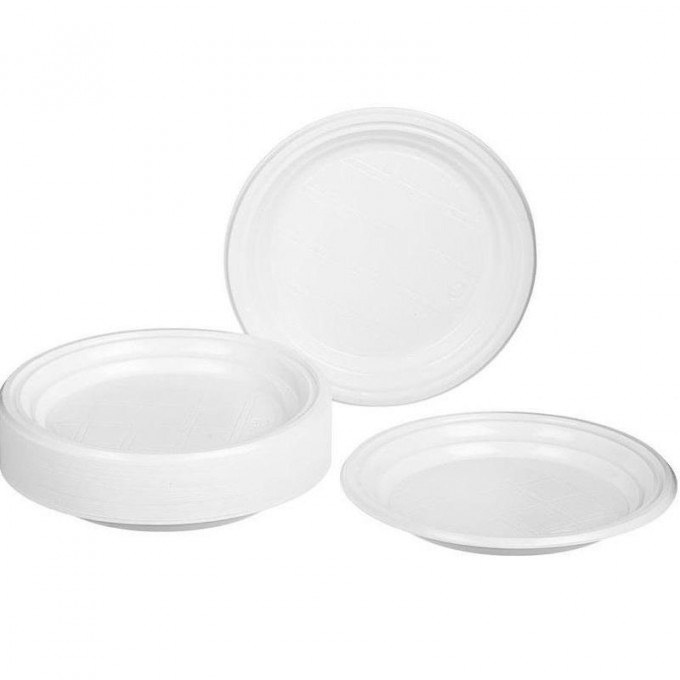 Тарелка одноразовая пластиковая КОМУС d=165мм, белая, ПС, 100шт 320833
